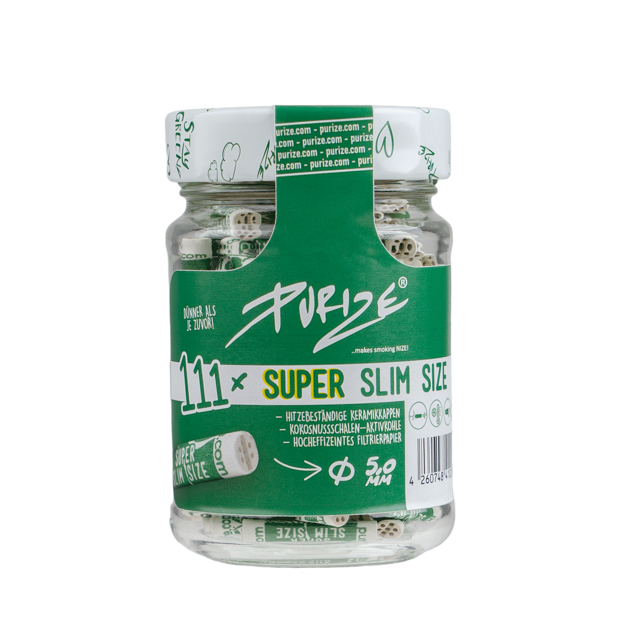 PURIZE Glass jar 111x Super Slim Size filters White 5mm