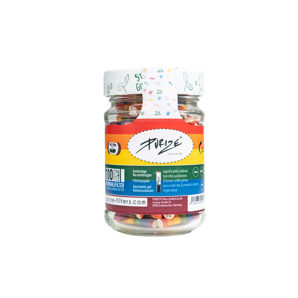 PURIZE Glass jar 100x XTRA Slim Size filters Rainbow 6mm