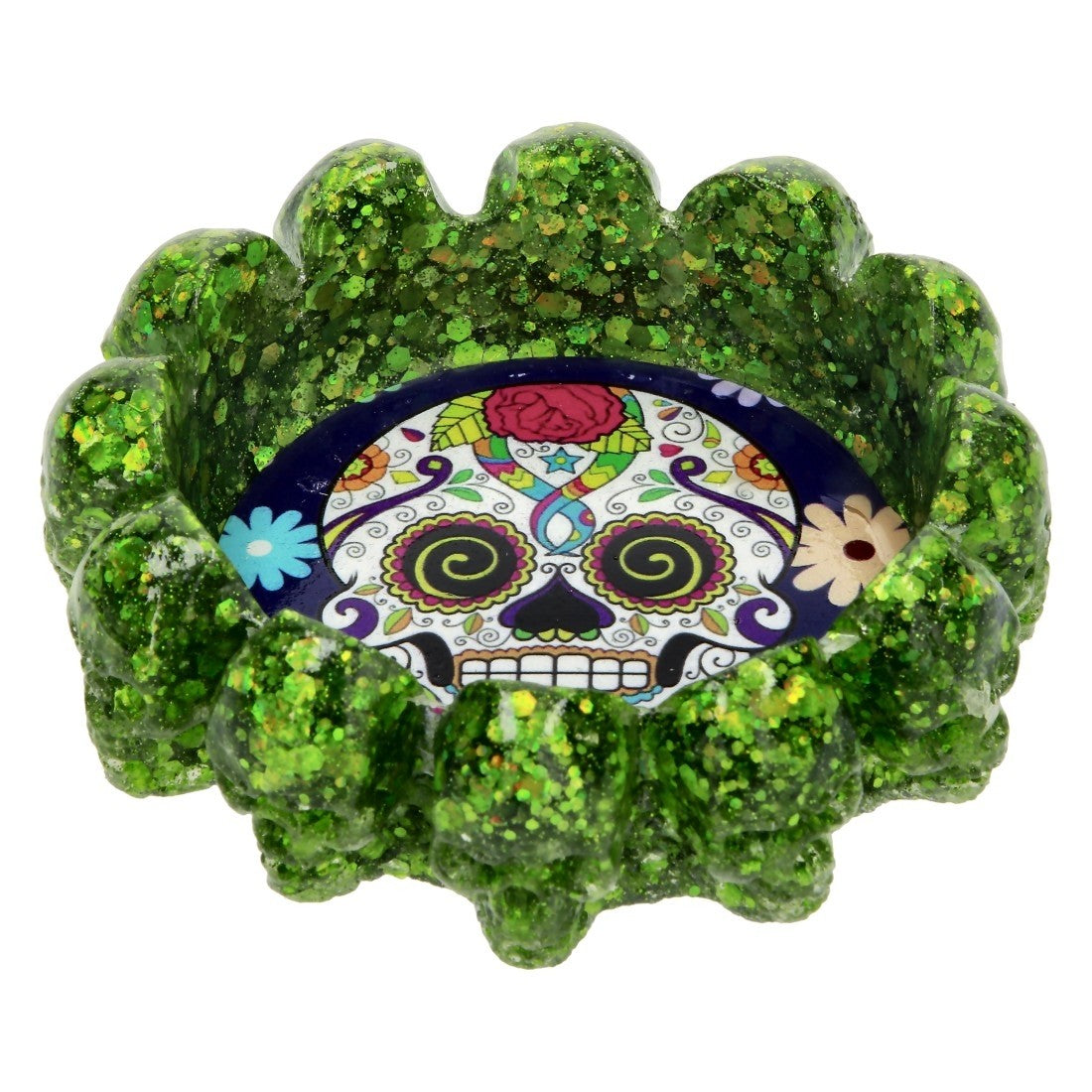 CENDRIER ATOMIC POLYRESINE FLOWER SKULLS