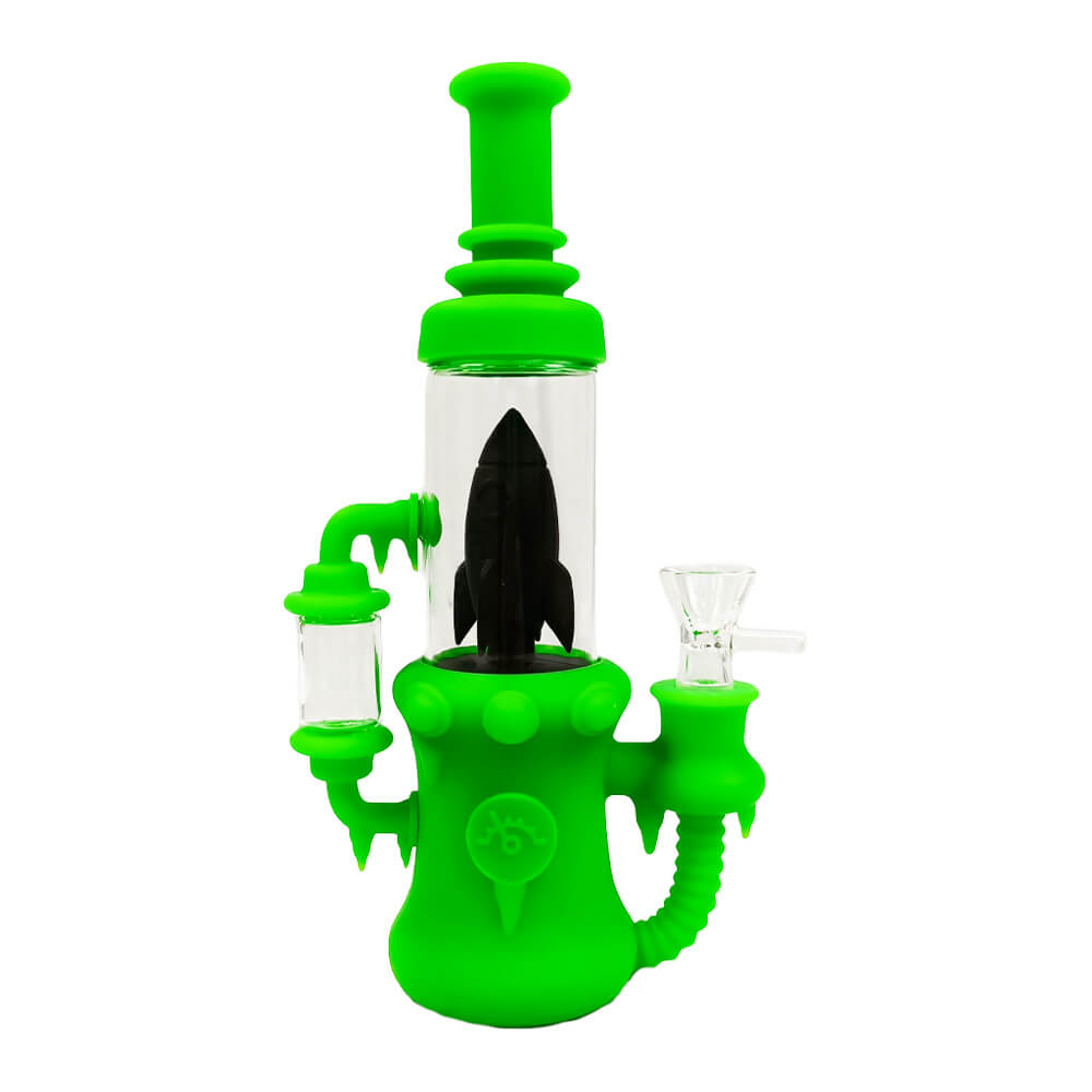 Bong en Verre-Silicone Vaisseau-Fusée Vert avec Pièces Amovibles 23cm